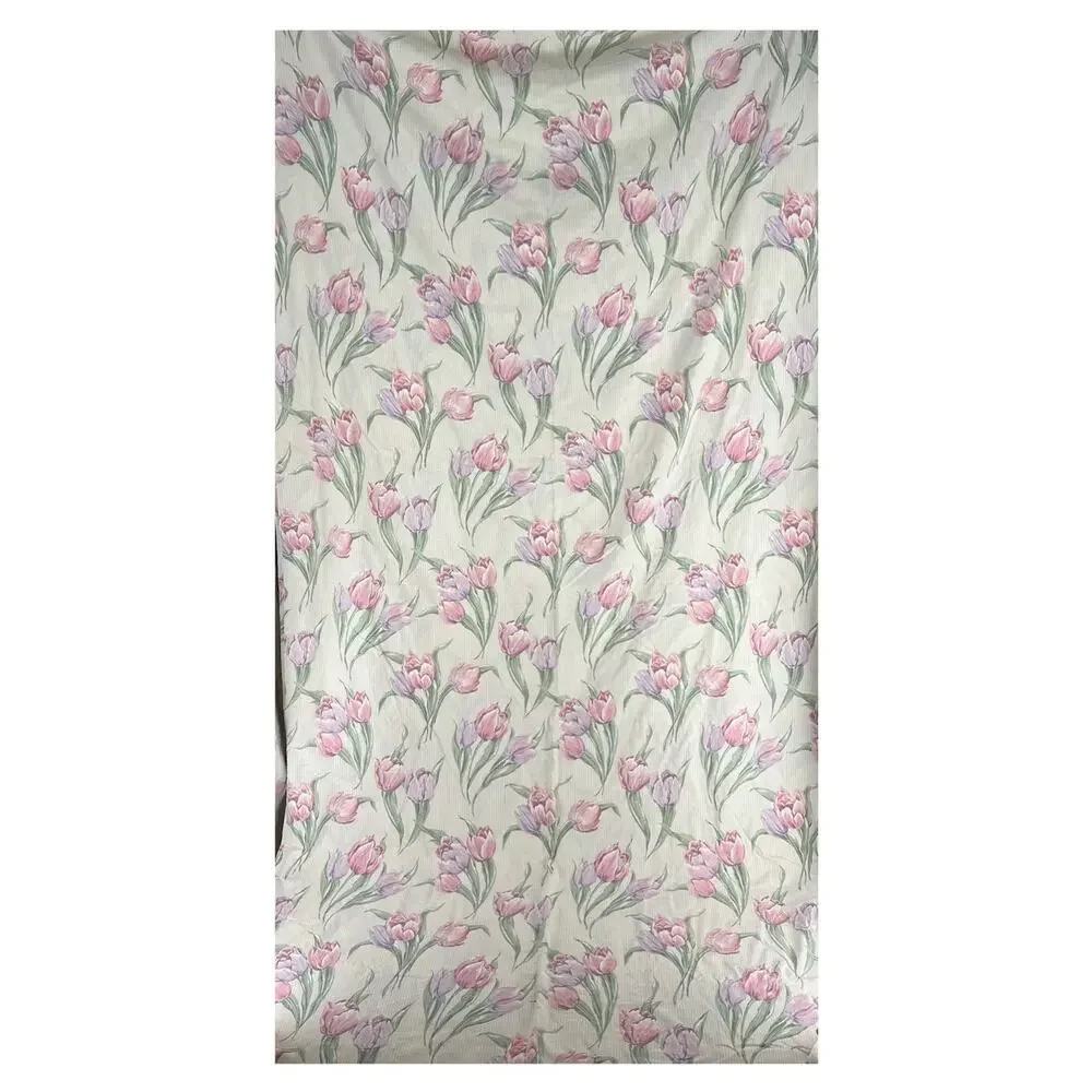 80s Cottagecore Tulip Floral Stripe King Flat Sheet 1980s Vintage